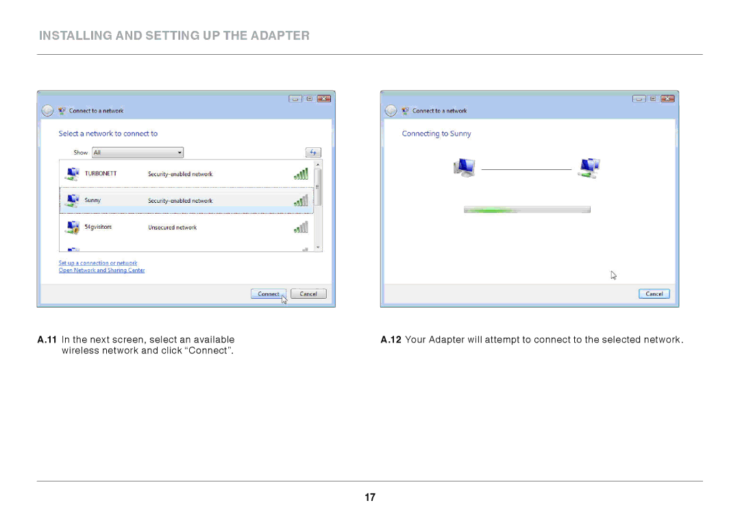 Belkin F7D1101 user manual Installing and Setting up the Adapter 