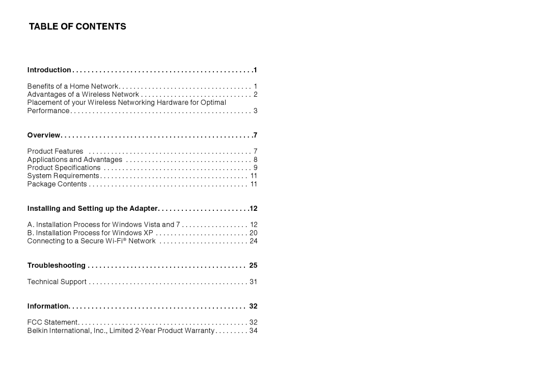 Belkin F7D1101 user manual Table Of Contents 