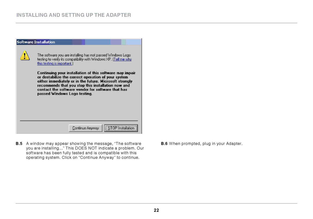 Belkin F7D1101 user manual Installing and Setting up the Adapter 