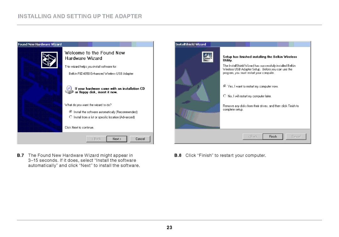 Belkin F7D1101 user manual Installing and Setting up the Adapter 