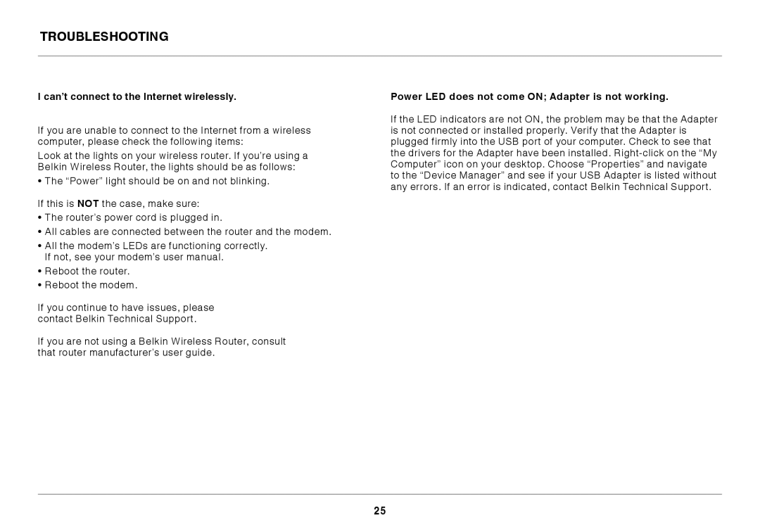 Belkin F7D1101 user manual Troubleshooting, Can’t connect to the Internet wirelessly 