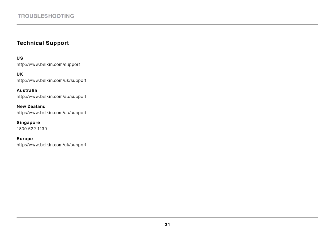 Belkin F7D1101 user manual Technical Support, Australia New Zealand Singapore, Europe 