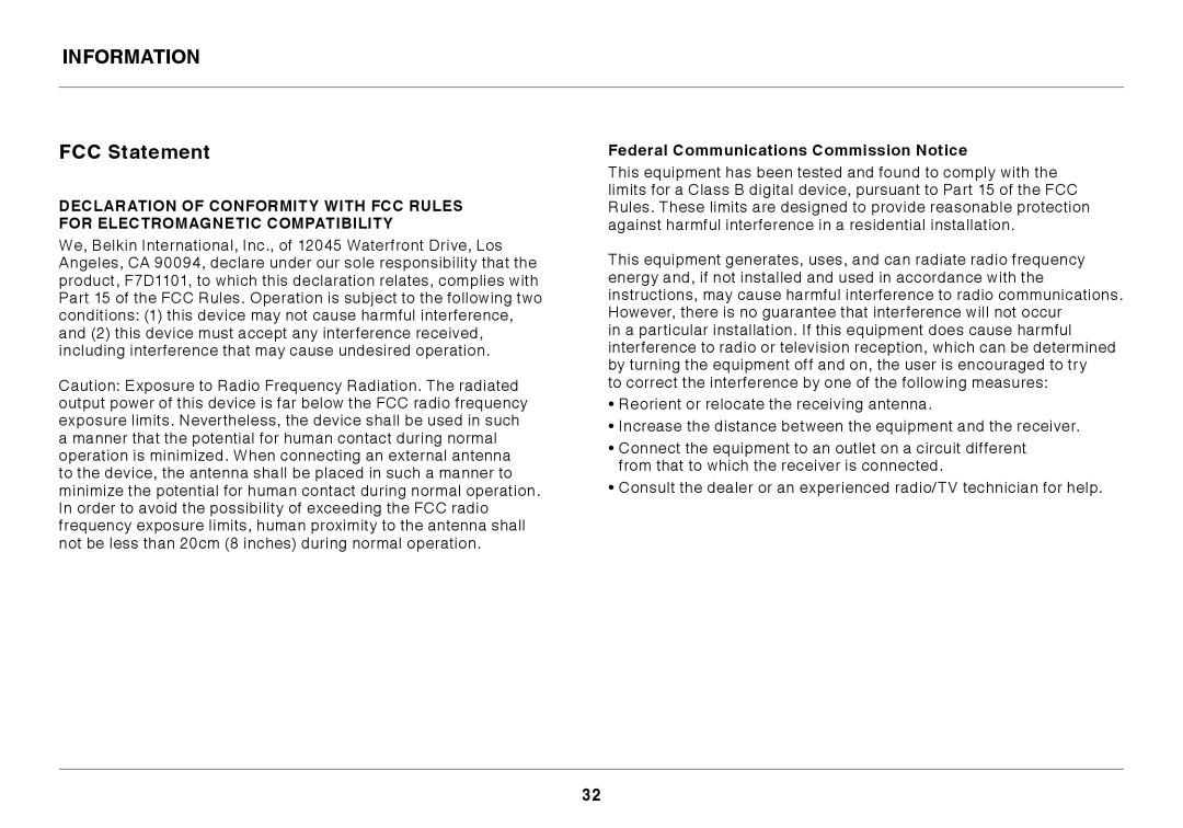 Belkin F7D1101 user manual Information FCC Statement, Federal Communications Commission Notice 