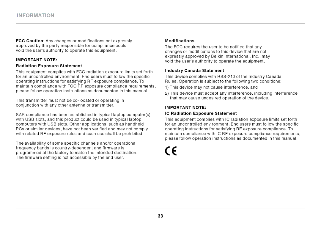 Belkin F7D1101 user manual Modifications, Industry Canada Statement, IC Radiation Exposure Statement 