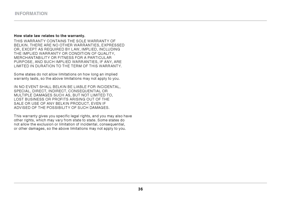 Belkin F7D1101 user manual How state law relates to the warranty 