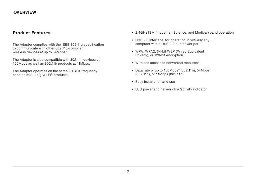 Belkin F7D1101 user manual Overview Product Features 