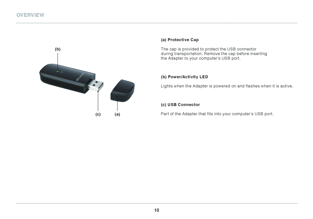 Belkin F7D1101AK user manual a Protective Cap, b Power/Activity LED, c USB Connector, Overview 