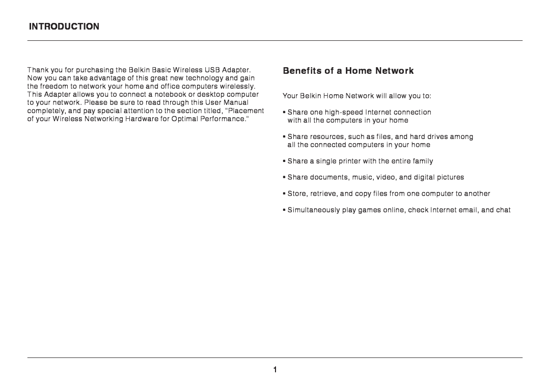 Belkin F7D1101AK user manual Introduction, Benefits of a Home Network 