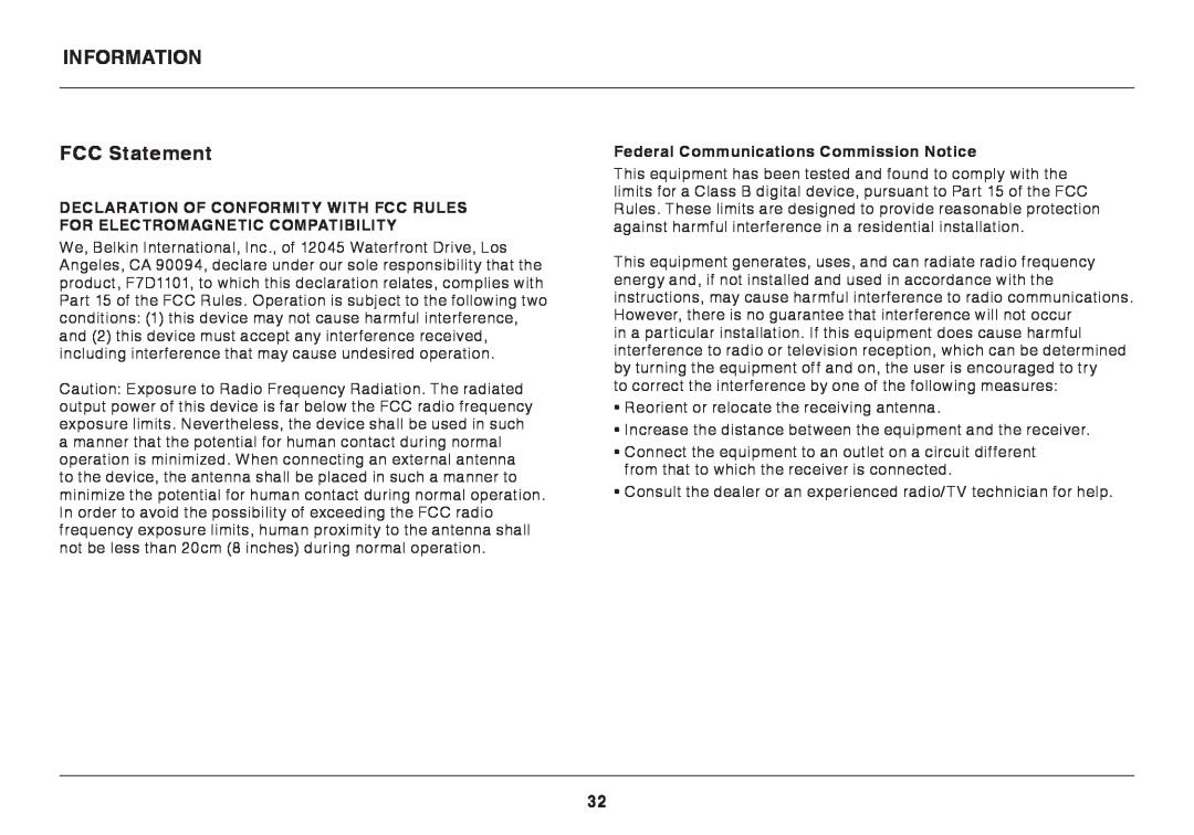 Belkin F7D1101AK user manual Information, FCC Statement, Federal Communications Commission Notice 