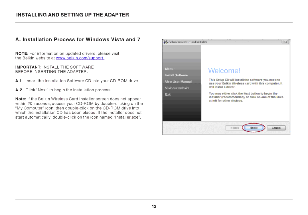 Belkin F7D1101AK user manual Important Install the Software Before Inserting the Adapter 