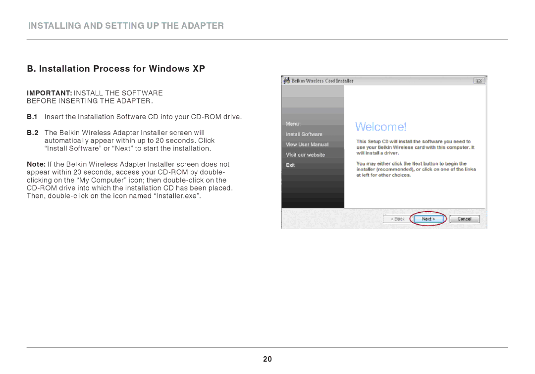 Belkin F7D1101AK user manual Installation Process for Windows XP 