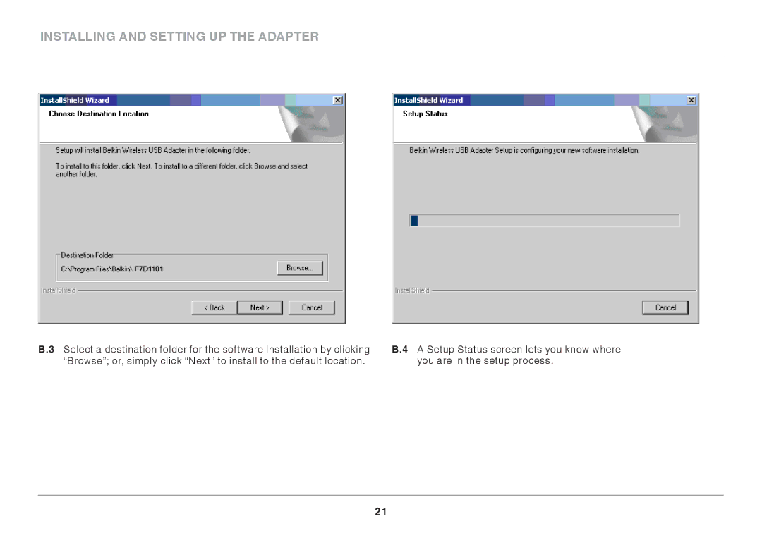 Belkin F7D1101AK user manual Installing and Setting up the Adapter 