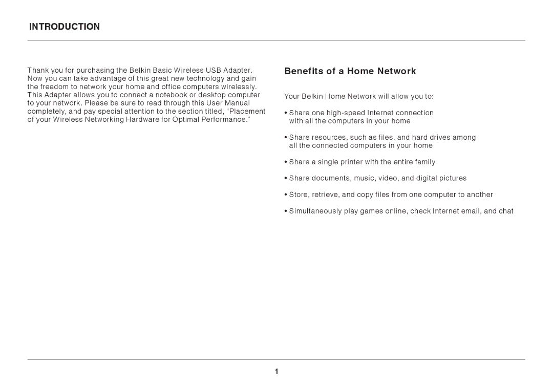 Belkin F7D1101AK user manual Introduction Benefits of a Home Network 