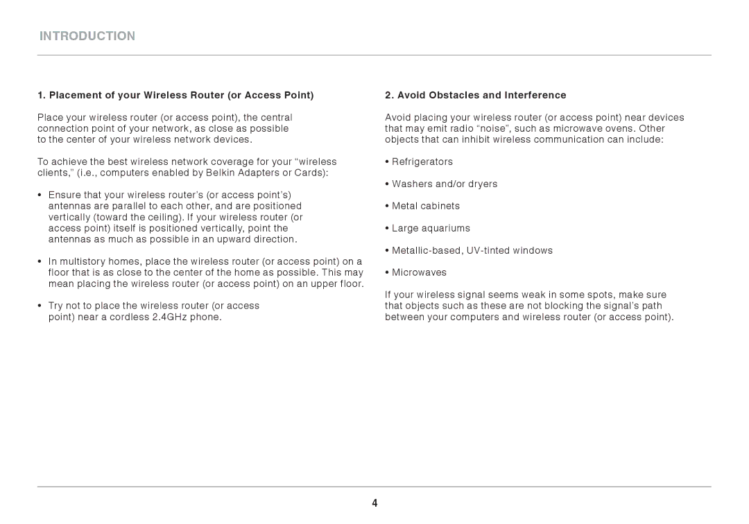 Belkin F7D1101AK user manual Placement of your Wireless Router or Access Point, Avoid Obstacles and Interference 