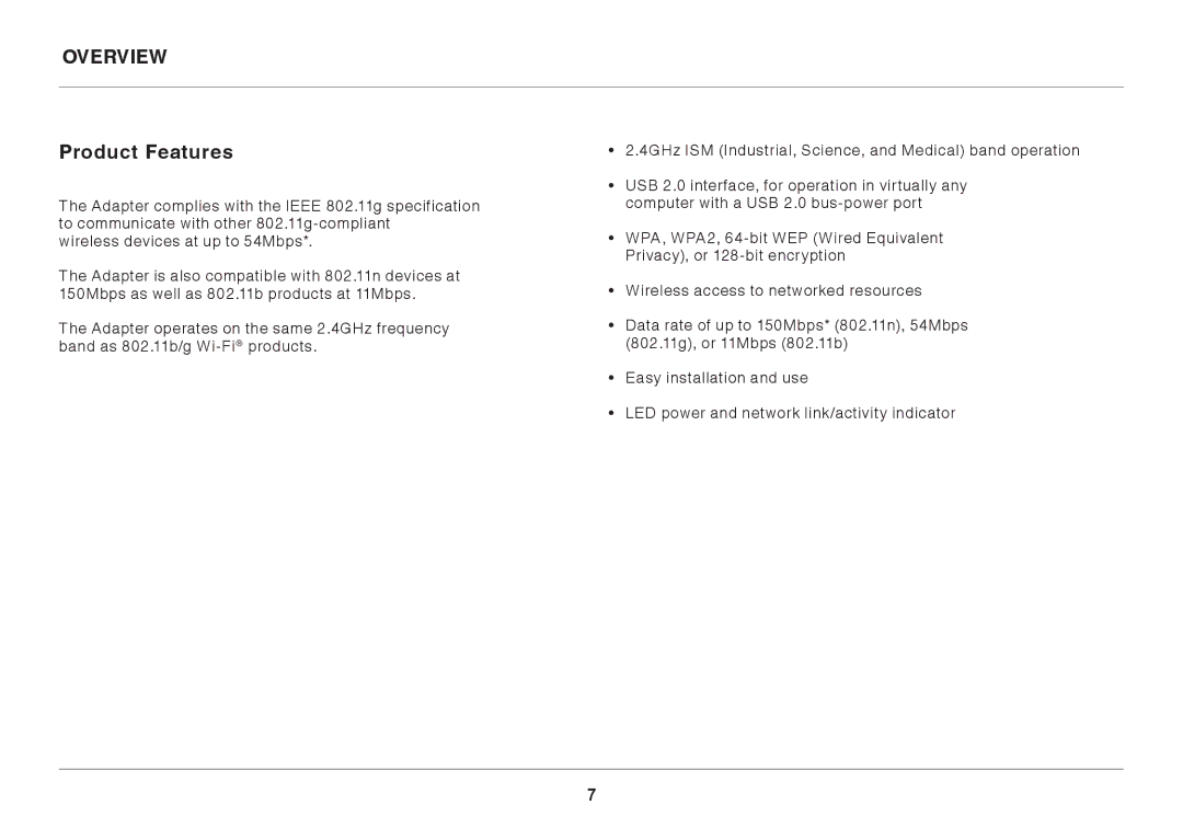 Belkin F7D1101AK user manual Overview Product Features 