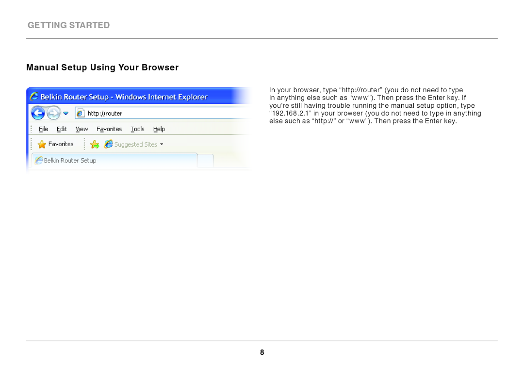 Belkin F7D1301AU, 8820AU00370 user manual Manual Setup Using Your Browser, Getting Started 