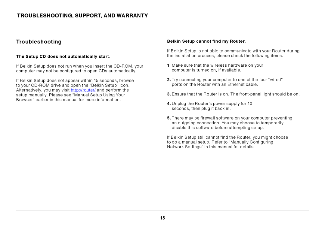 Belkin 8820AU00370, F7D1301AU user manual Troubleshooting, Support, and Warranty, Setup CD does not automatically start 