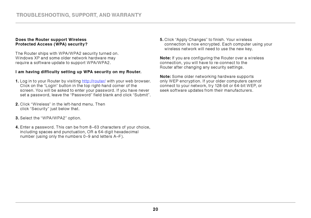 Belkin F7D1301AU, 8820AU00370 user manual Am having difficulty setting up WPA security on my Router 