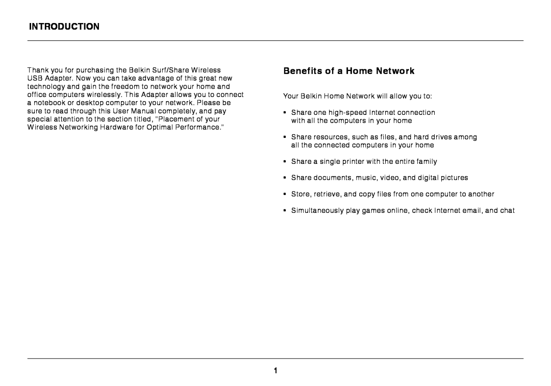 Belkin F7D2101 manual Introduction, Benefits of a Home Network 