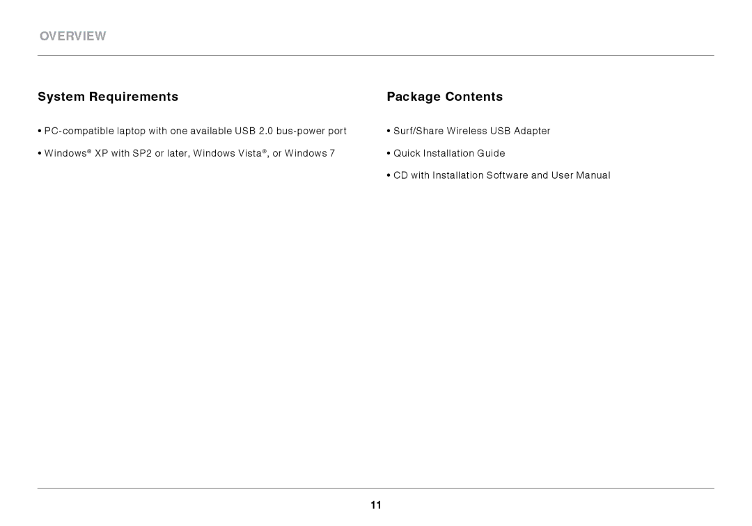 Belkin F7D2101 manual System Requirements Package Contents 