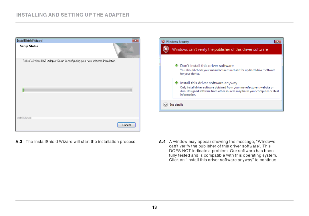 Belkin F7D2101 manual Installing and Setting up the Adapter 