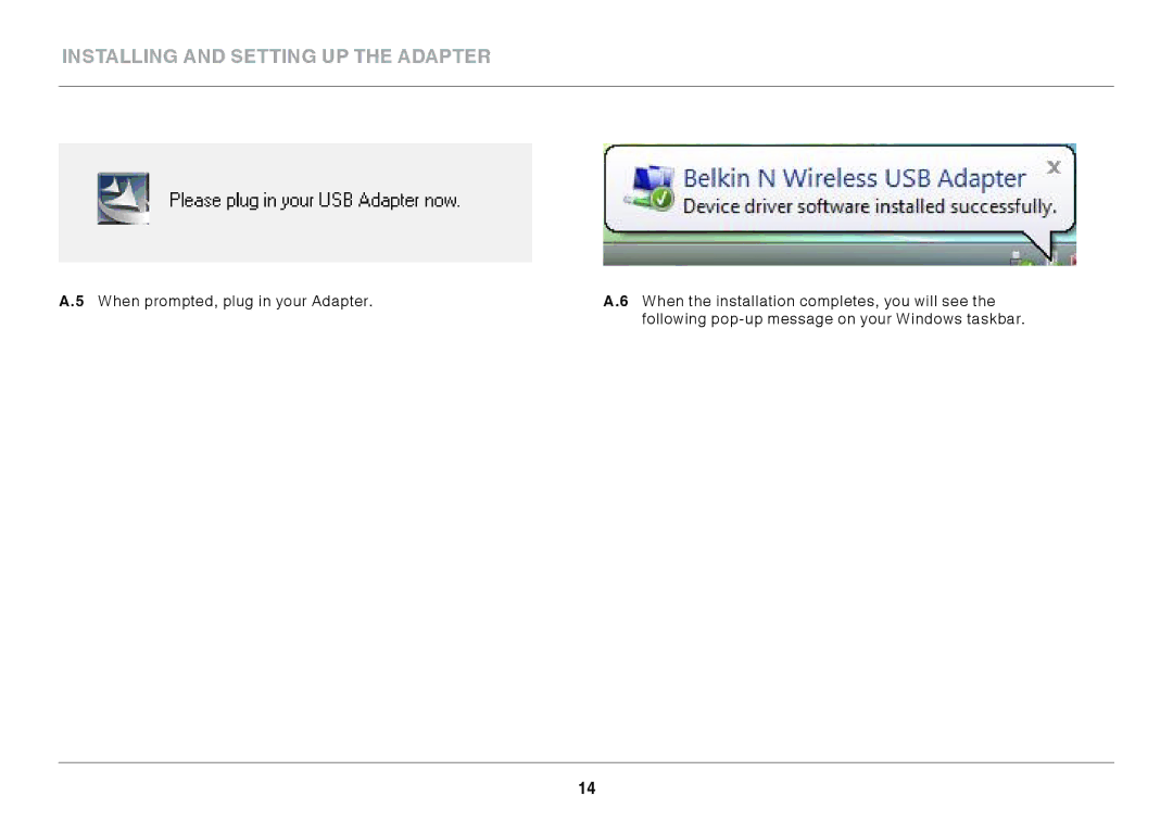 Belkin F7D2101 manual Installing and Setting up the Adapter 