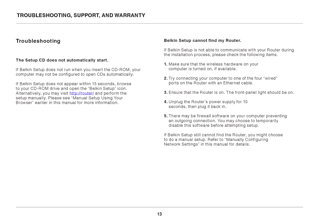 Belkin 8820AU00390, F7D2401AU user manual Troubleshooting, Support, and Warranty, Setup CD does not automatically start 