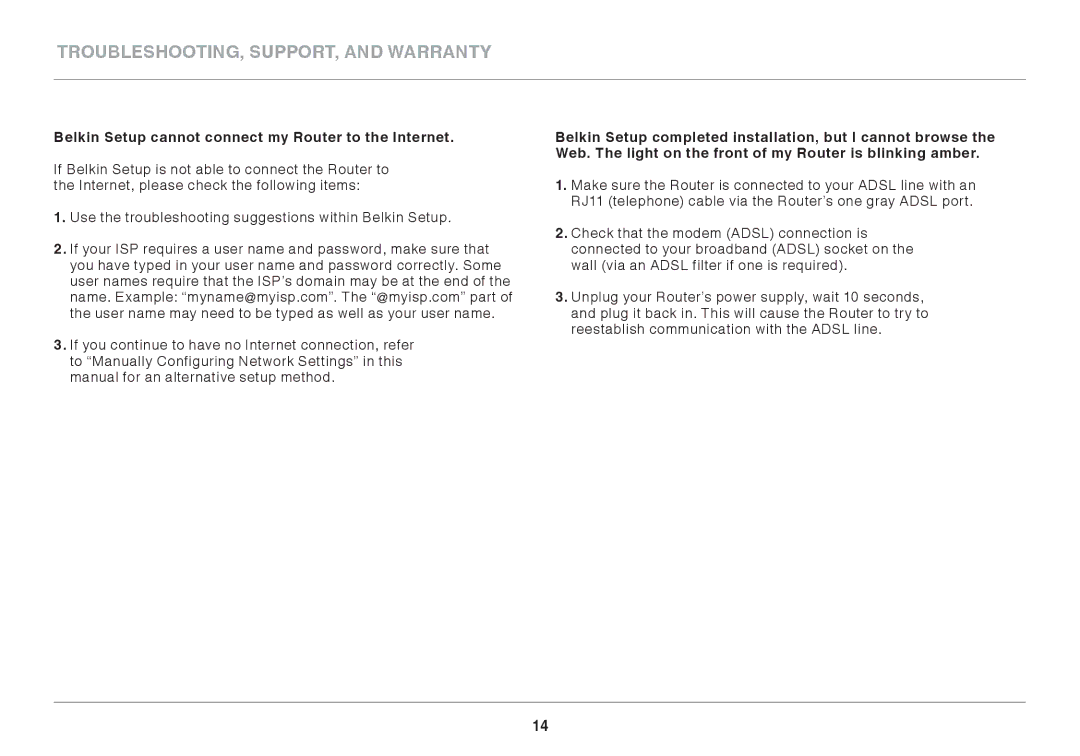 Belkin F7D2401AU user manual Troubleshooting, Support, and Warranty, Belkin Setup cannot connect my Router to the Internet 