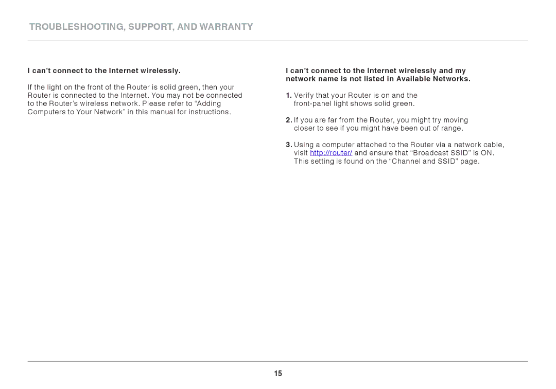 Belkin 8820AU00390, F7D2401AU user manual Can’t connect to the Internet wirelessly 