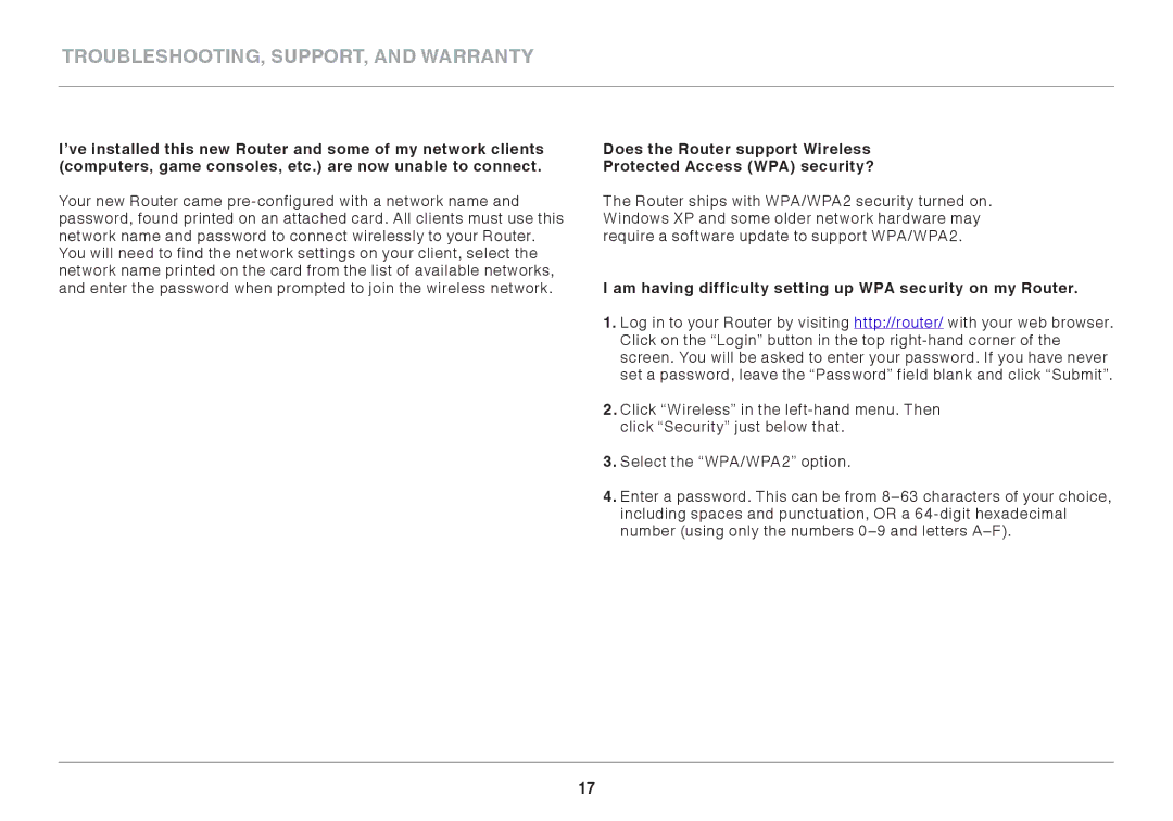 Belkin 8820AU00390, F7D2401AU user manual Am having difficulty setting up WPA security on my Router 