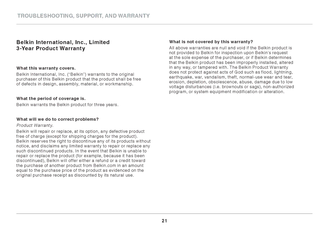 Belkin 8820AU00390 What this warranty covers, What the period of coverage is, What will we do to correct problems? 