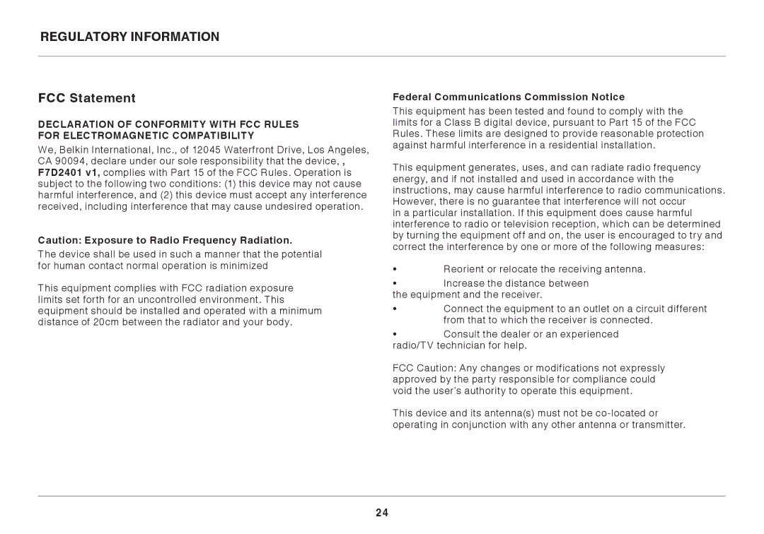 Belkin F7D2401AU, 8820AU00390 user manual Regulatory Information FCC Statement, Federal Communications Commission Notice 