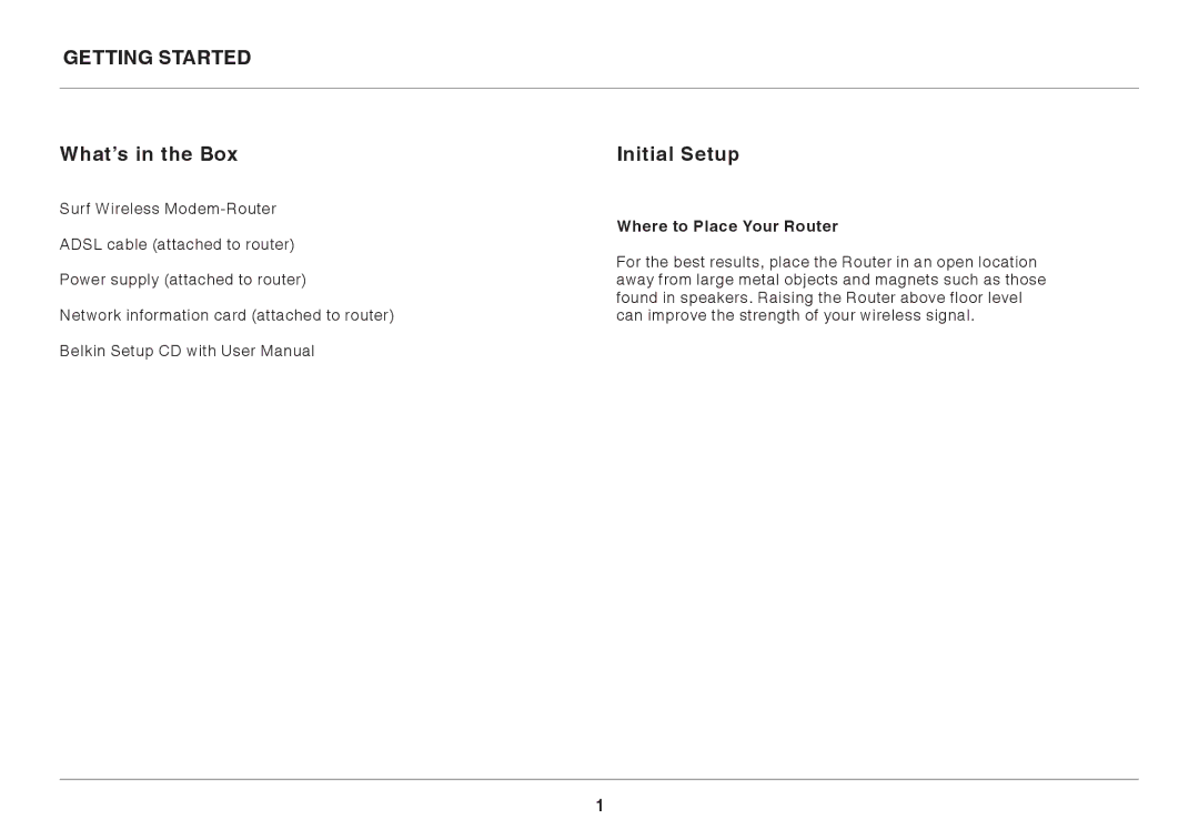 Belkin 8820AU00390, F7D2401AU user manual Getting Started What’s in the Box, Initial Setup, Where to Place Your Router 