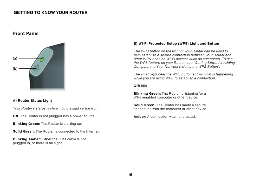 Belkin F7D3402AU Getting to Know Your Router Front Panel, Router Status Light, Wi-Fi Protected Setup WPS Light and Button 