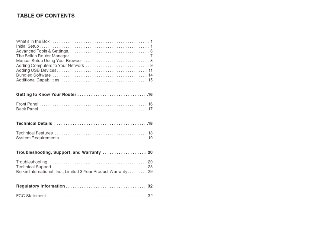 Belkin F7D3402AU, 8820AU00394 user manual Table Of Contents 