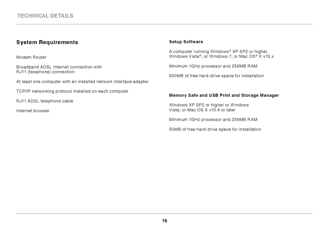 Belkin 8820AU00394, F7D3402AU user manual System Requirements, Setup Software, Memory Safe and USB Print and Storage Manager 