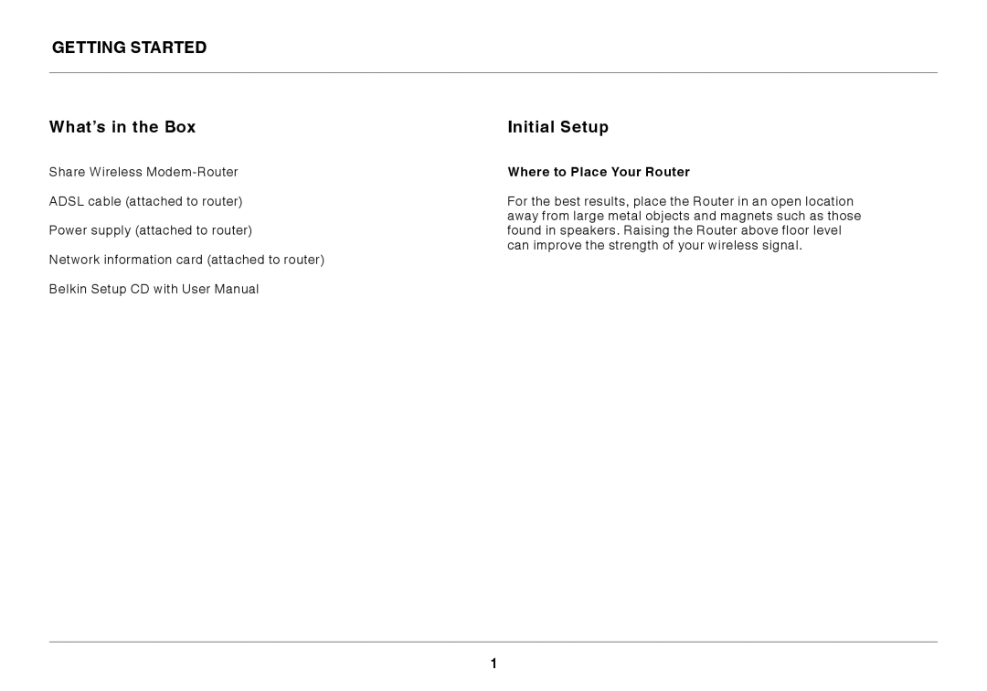 Belkin 8820AU00394, F7D3402AU user manual Getting Started What’s in the Box, Initial Setup, Where to Place Your Router 