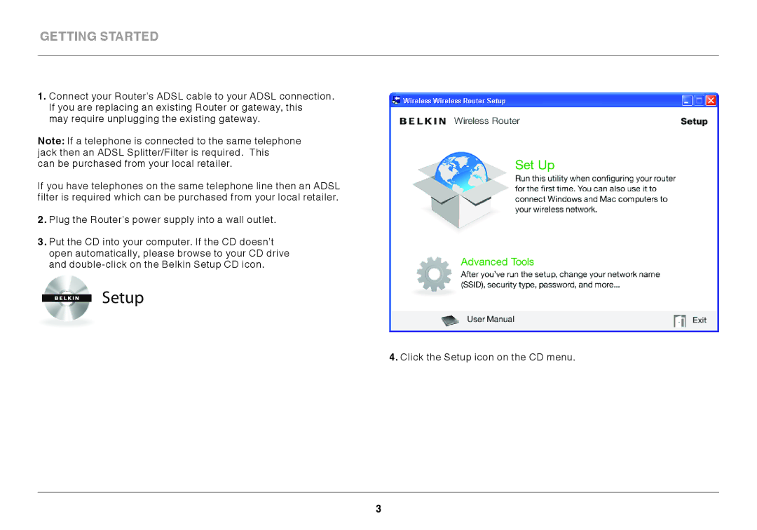 Belkin 8820AU00394, F7D3402AU user manual Setup 