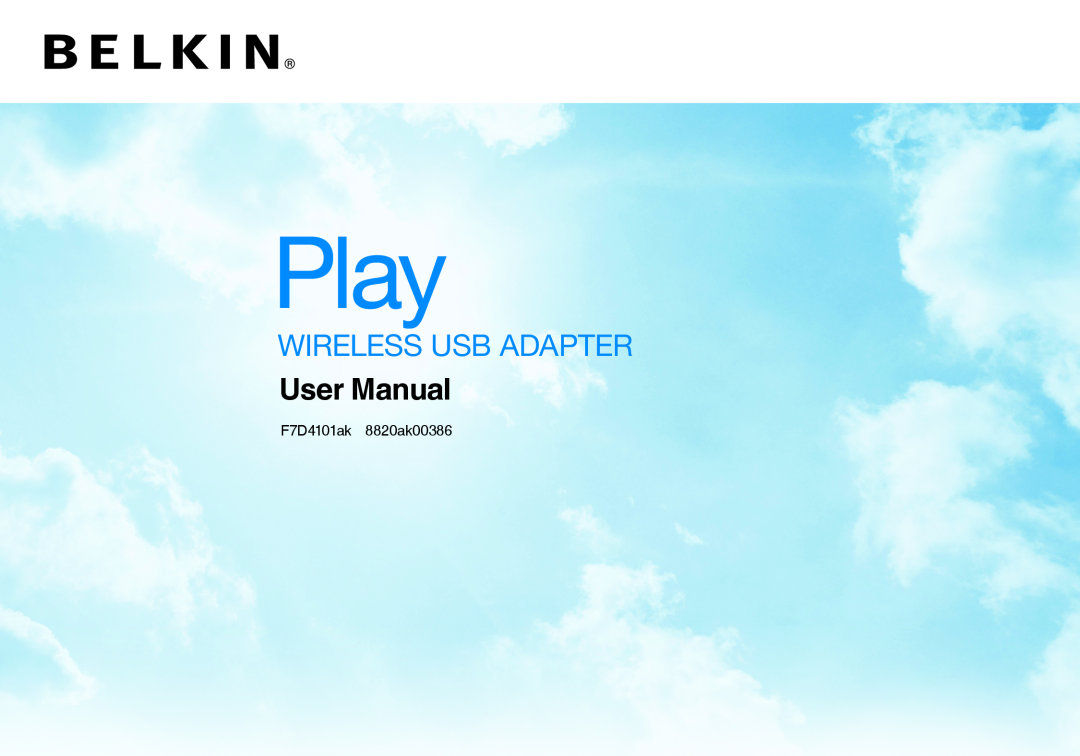 Belkin F7D4101AK user manual Play, wireless USB ADAPTER, User Manual, F7D4101ak 8820ak00386 