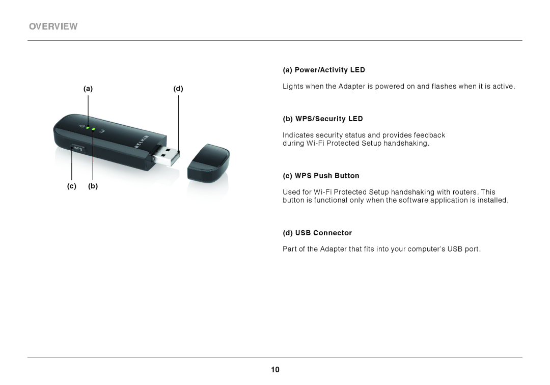 Belkin F7D4101AK user manual Power/Activity LED, WPS/Security LED, WPS Push Button, USB Connector 