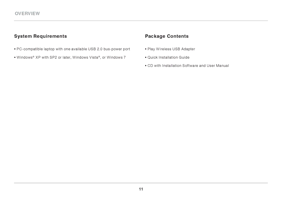 Belkin F7D4101AK user manual System Requirements Package Contents 