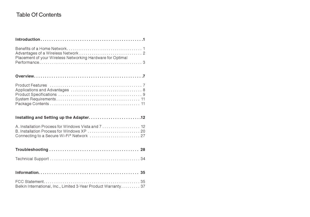 Belkin F7D4101AK user manual Table Of Contents 