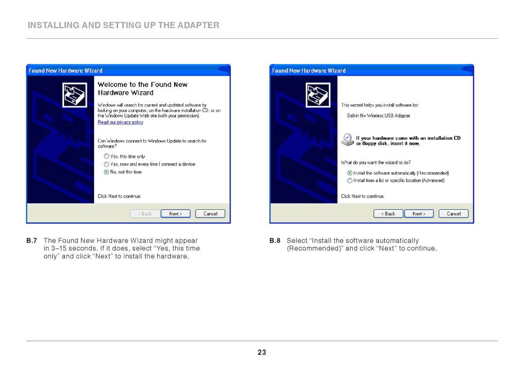 Belkin F7D4101AK user manual Installing and Setting up the Adapter 