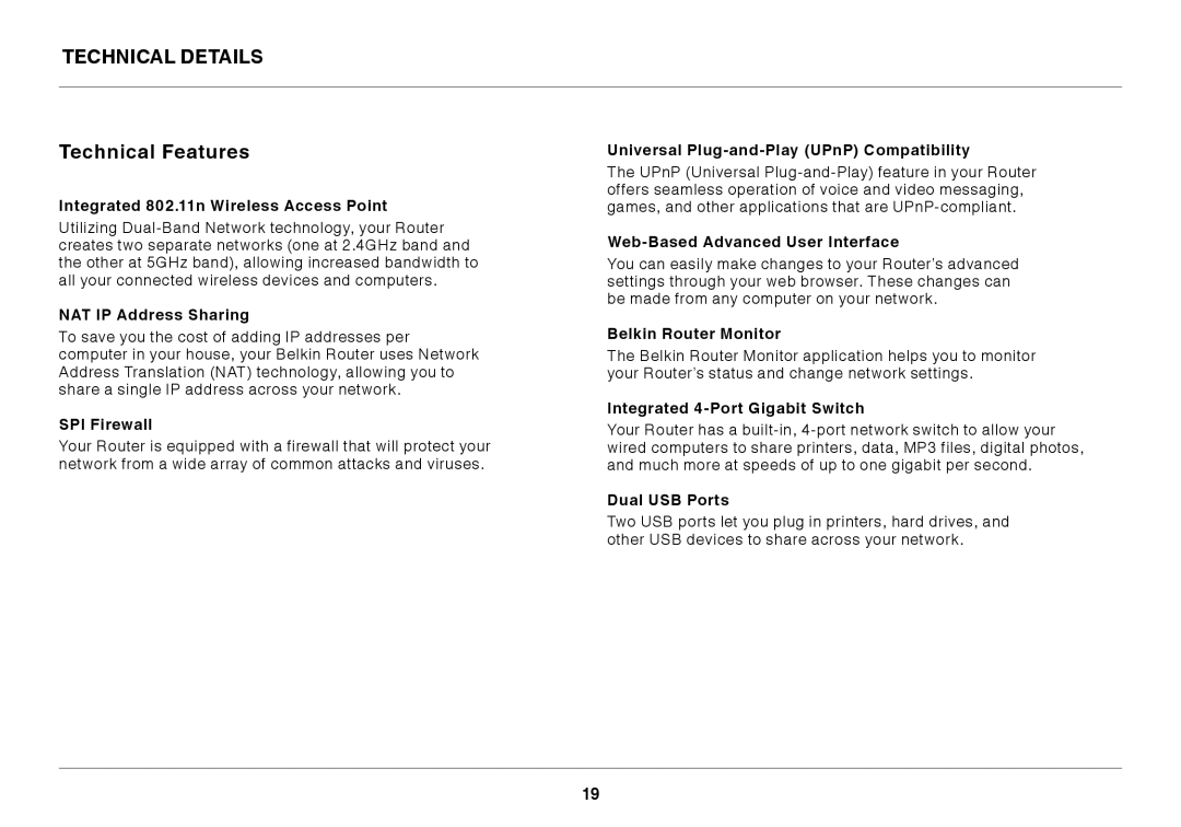 Belkin F7D4301 user manual Technical Details Technical Features 