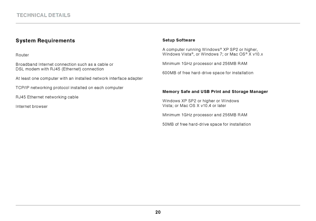 Belkin F7D4301 user manual System Requirements, Setup Software, Memory Safe and USB Print and Storage Manager 