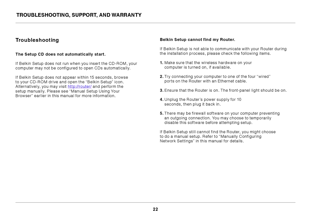 Belkin F7D4301 user manual Troubleshooting, Support, and Warranty, Setup CD does not automatically start 