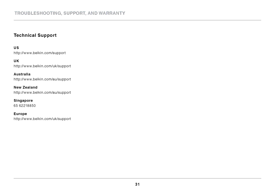 Belkin F7D4301 user manual Technical Support, Australia New Zealand Singapore Europe 