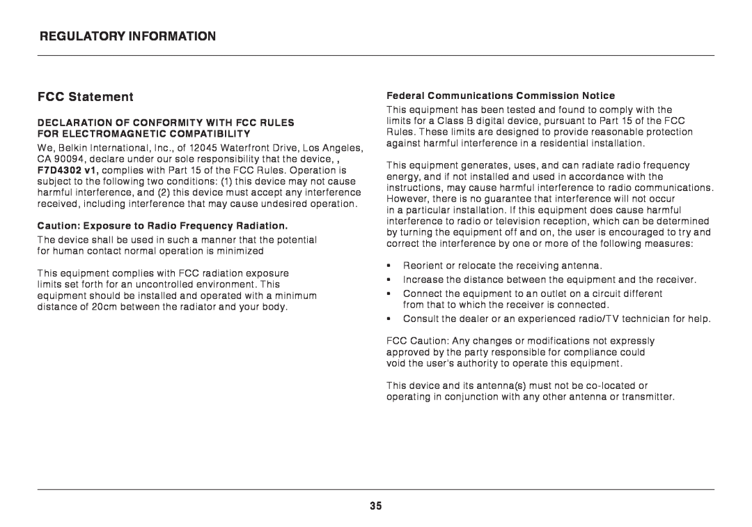 Belkin F7D4302AU user manual Regulatory Information, FCC Statement, Caution Exposure to Radio Frequency Radiation 