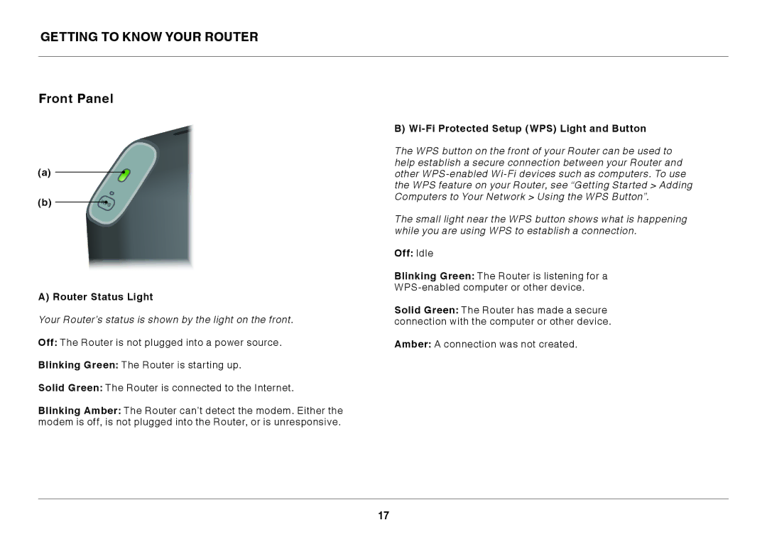 Belkin F7D4302AU Getting to Know Your Router Front Panel, Router Status Light, Wi-Fi Protected Setup WPS Light and Button 