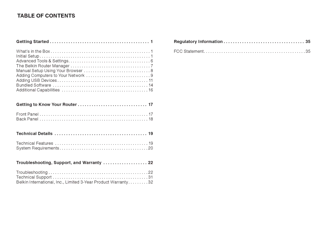 Belkin F7D4302AU user manual Table Of Contents 